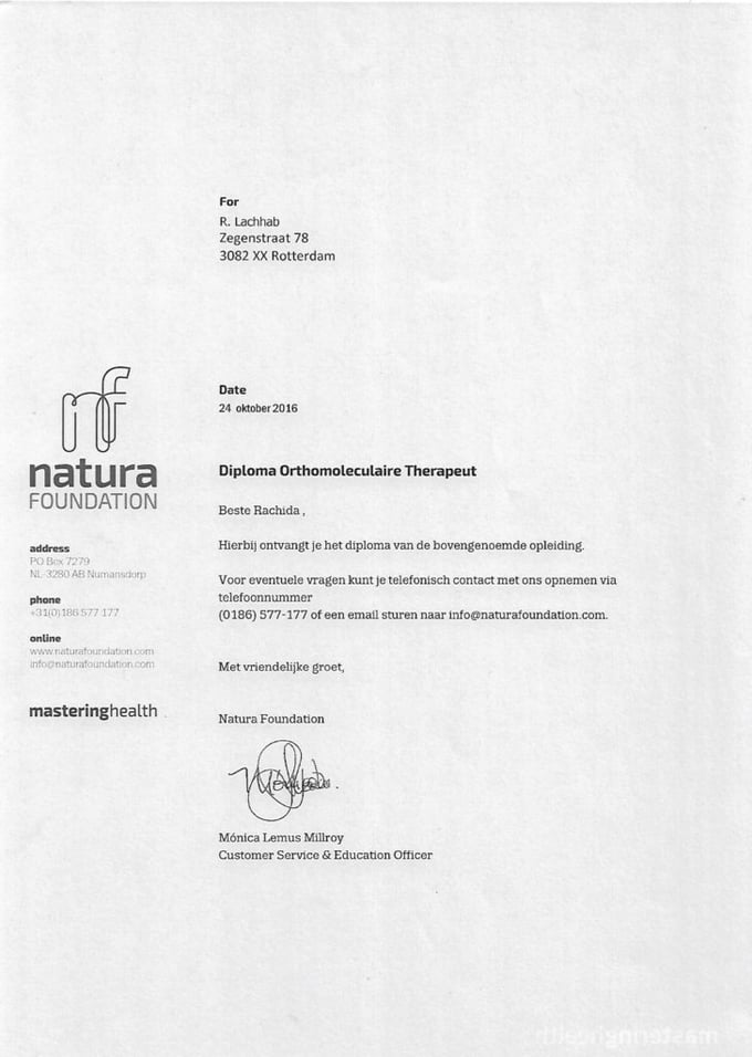 Diploma Lachhab Orthomoleculair therapeut Nederland Slank