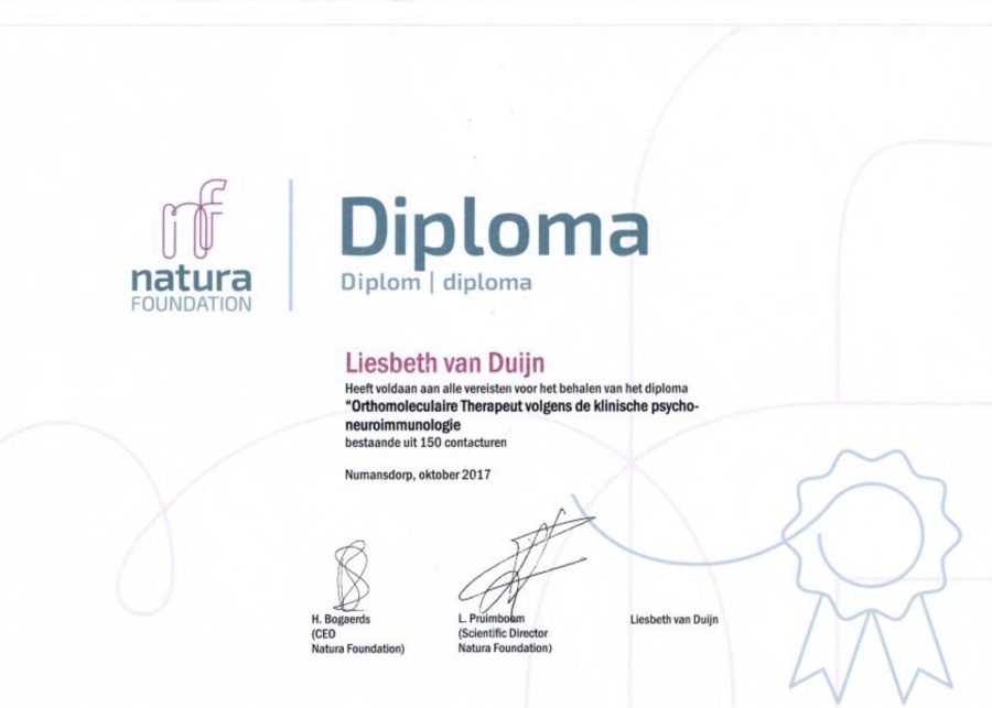 diploma orthomoleculair therapeut Liesbeth van Duijn