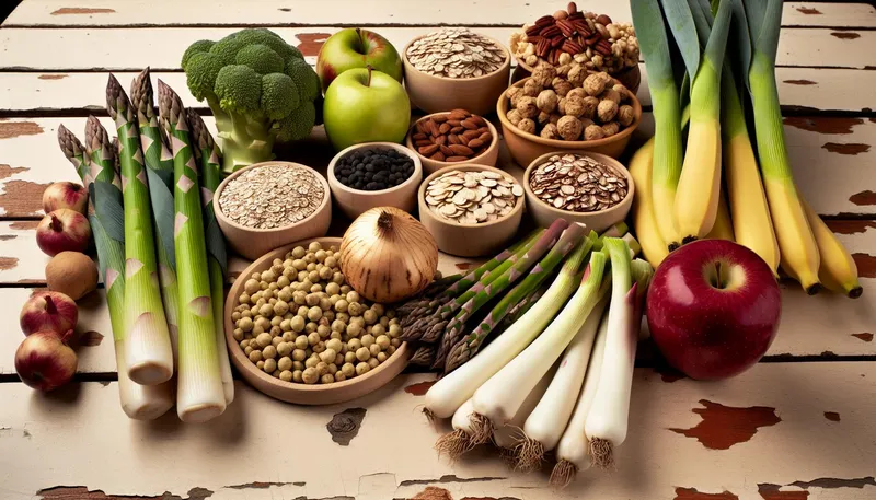 Groenten als prei, asperges en knolselderij, fruit zoals banaan en appel, volkoren granen zoals haver en quinoa, peulvruchten als kikkererwten en zwar